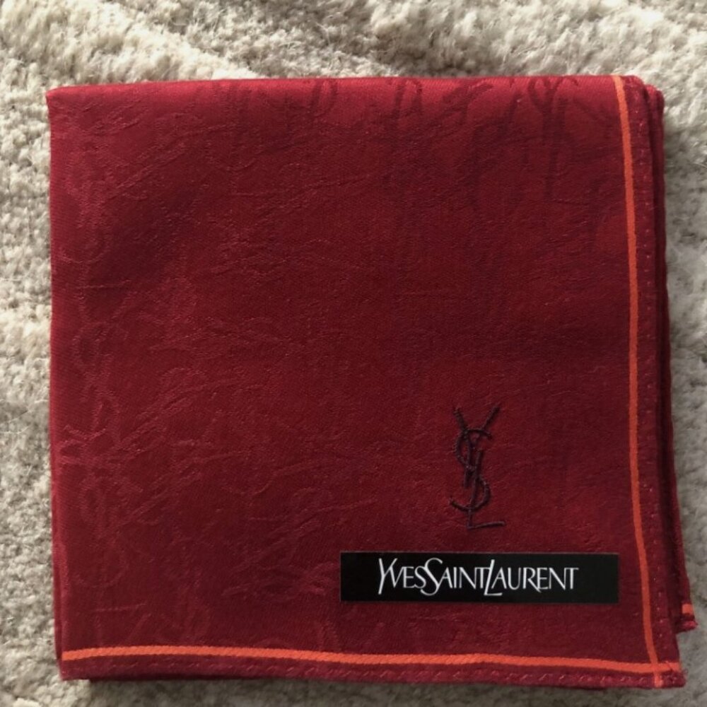 New Yves Saint Laurent Bandana Handkerchief Scarf YSL Logo All Over Red